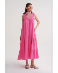 MixRay - Sleeveless V-Neck Muslin Midi Dress With Pockets - Lyst