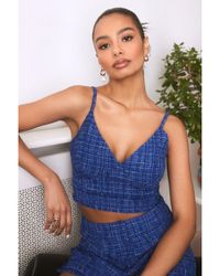 Quiz - Royal Checked Boucle Crop Top - Lyst