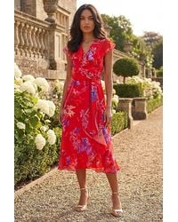 Roman - Floral Print Ruffle Wrap Front Midi Dress - Lyst