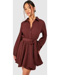 Boohoo - Petite Crinkle Skater Shirt Dress - Lyst