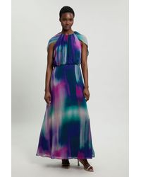 Karen Millen - Crinkle Georgette Cape Blur Print Woven Maxi Dress - Lyst