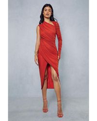 MissPap - Mesh Ruched Asymmetric One Shoulder Wrap Midi Dress - Lyst