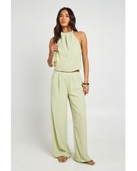 Boohoo - Chiffon Pleated Halterneck Top And Wide Leg Trouser Set - Lyst