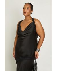 Boohoo - Plus Satin Lace Trim Asymmetric Cowl Neck Top - Lyst
