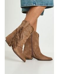 Boohoo - Faux Suede Fold Over Tassel Detail Calf High Western Boots - Lyst