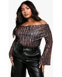 Boohoo - Plus Ruched Bardot Leopard One Piece - Lyst