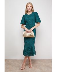 Oasis - Lace Trim Detail Puff Sleeve Peplum Midi Dress - Lyst