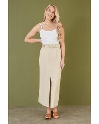 Yumi' - Stone Cotton Midi Skirt With Belt And Split Hem - Lyst
