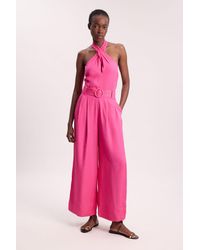 Karen Millen - Premium Viscose Linen Cross Front Halter Belted Woven Wide Leg Jumpsuit - Lyst