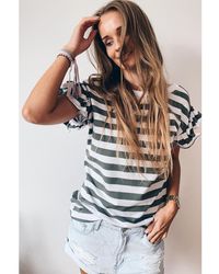 Azura Exchange - Sea Striped V Neck Ruffle Sleeve Top - Lyst