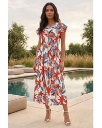 Roman - Leaf Print Belted Midi Dress - Lyst