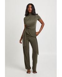 Boohoo - Textured Grown On Neck Drape Tie Top And Straight Leg Trouser Coord - Lyst