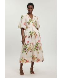 Karen Millen - Silk Cotton Floral Puff Sleeve Midi Dress - Lyst