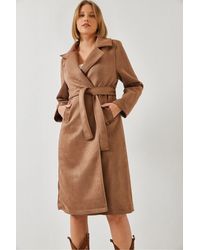 Bianco Lucci - Double Breasted Faux Leather Long Coat With Zipper And Pockets - Lyst