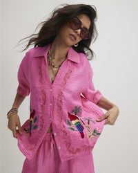 River Island - Top Parrot Embroidered Broderie Short Sleeve Viscose - Lyst
