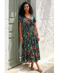 Roman - Leaf Print V-Neck Tiered Midi Dress - Lyst