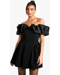 Boohoo - Extreme Taffeta Ruffle Bardot Structured Skater Dress - Lyst