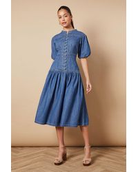 Oasis - Drop Waist Button Up Denim Midi Dress - Lyst