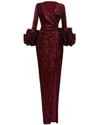 ANITABEL - Long Wine Sequin Wrap Dress With Statement Sleeves - Lyst