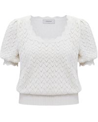 CRUSH Collection - Shell-Hem Hollow Out Silk And Cotton Puff Sleeved Top - Lyst