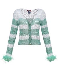 Andreeva - Mint Handmade Knit Sweater With Detachable Feather Details On The Cuffs And Pearl Buttons - Lyst
