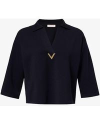 Valentino Garavani - Vy V-neck Logo-plaque Wool Jumper - Lyst