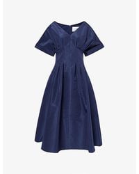 Carolina Herrera - Gathered-Waist V-Neck Silk Midi Dress - Lyst