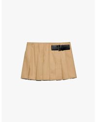 Prada - Pleated Leather-Belt Cotton-Twill Mini Skirt - Lyst