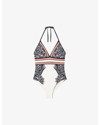 Reiss - Vy/red Monica Scarf-print Stretch-nylon Swimsuit - Lyst