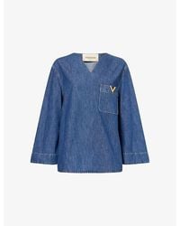 Valentino - V-Neck Long-Sleeve Denim Shirt - Lyst