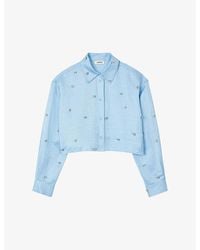Sandro - Rhinestone-embellished Cropped Satin Shirt - Lyst