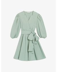 Claudie Pierlot - Wrap-front Puff-sleeve Cotton Mini Dress - Lyst