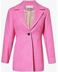 Ganni - Longline Single-breasted Recycled-wool Blend Twill Blazer - Lyst