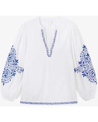 The White Company - Embroidered V-neck Organic-cotton Blouse - Lyst