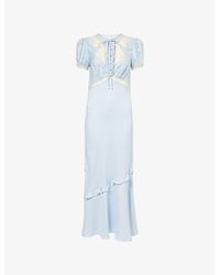 Self-Portrait - Puff-Sleeve Lace-Insert Satin Midi Dress - Lyst