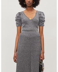 Sandro Metallic Puffed-sleeved Stretch-knit Top