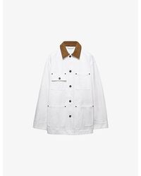 Prada - Leather-Collar Boxy-Fit Cotton-Canvas Jacket - Lyst