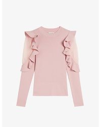 Ted Baker - Floraas Sheer-shoulder Frill-sleeve Stretch-knit Top - Lyst