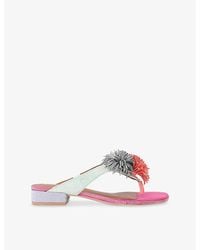 Kurt Geiger - Pom Pom T-Bar Embellished Flat Suede Sandals - Lyst