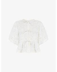 Ro&zo - Tie-Front Puff-Sleeve Broderie Cotton And Linen-Blend Blouse - Lyst