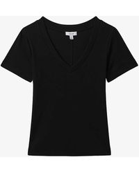 Reiss - Becca V-neck Short-sleeve Ribbed Cotton T-shirt - Lyst