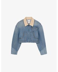 Sandro - Contrast-Collar Stud-Embellished Cropped Denim Jacket - Lyst