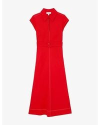 Reiss - Sloane Collared Belted-Waist Stretch-Woven Midi Dress - Lyst