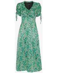 Whistles - Pansy Meadow Floral-print Ruched-sleeve Satin Midi Dress - Lyst