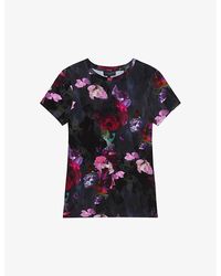 Ted Baker - Printed Floral-print Fitted Stretch-woven T-shirt - Lyst