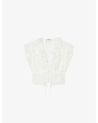 Sandro - Ruffle-neck Embroidered Woven Crop Top - Lyst