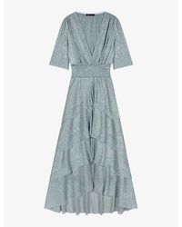 Maje - V-neck Shirred-waist Woven Midi Dress - Lyst