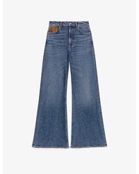 Maje - Leather-Pocket Wide-Leg High-Rise Stretch-Denim Jeans - Lyst