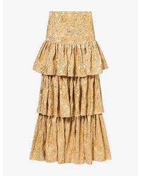 GRACE FAENA - Roses Tiered Beaded Silk Midi Skirt - Lyst