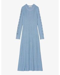 Sandro - Eyelet-embellished Long-sleeve Stretch-knit Midi Dress - Lyst
